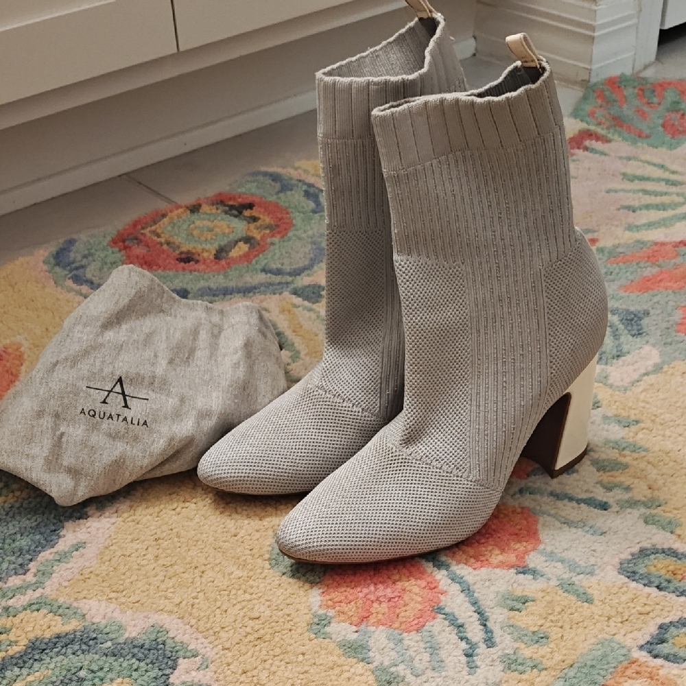 Aquatalia Light Gray Knit Sock Booties with Block Heel